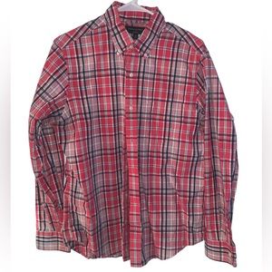 Banana Republic Soft Wash Button Down Plaid Pink White Navy Teal Medium